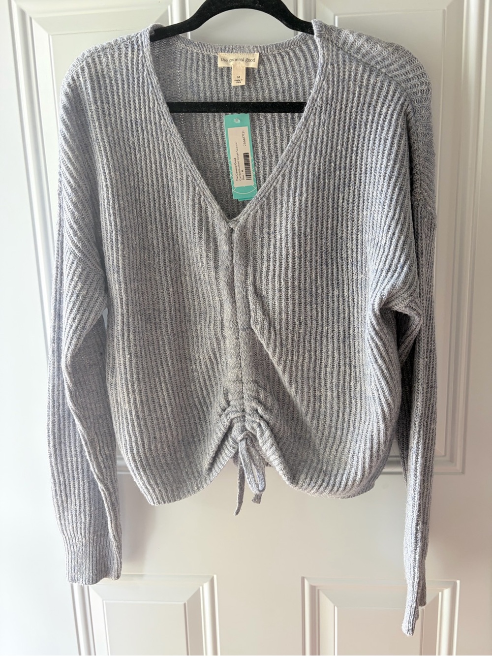 The General Good Gray Knit Ruched V-Neck Sweater